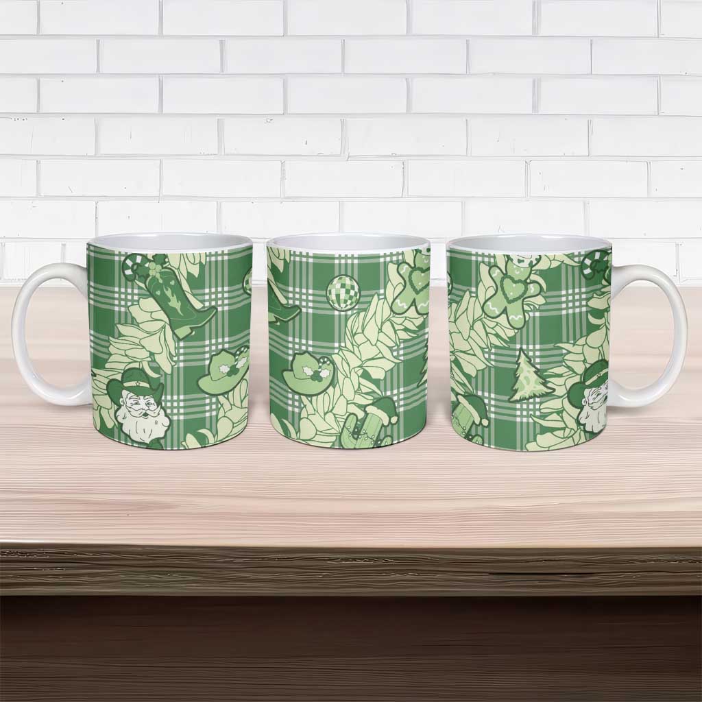 Green Palaka Hawaii Cowboy Christmas Ceramic Mug Paniolo Mix Maile Lei - Polynesian Pride