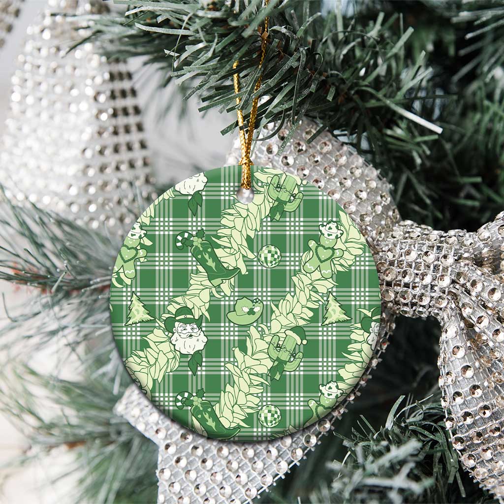 Green Palaka Hawaii Cowboy Christmas Ceramic Ornament Paniolo Mix Maile Lei - Polynesian Pride