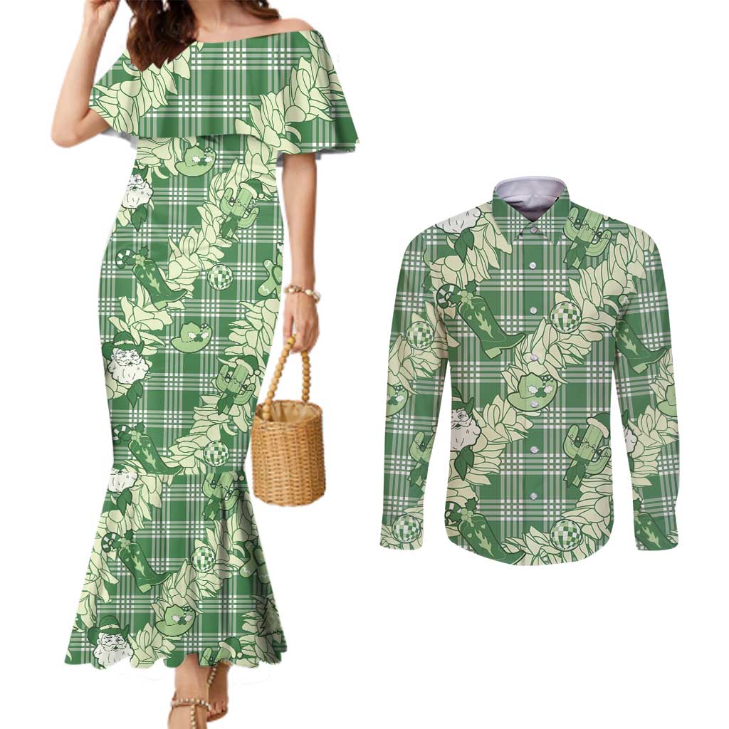 Green Palaka Hawaii Cowboy Christmas Couples Matching Mermaid Dress and Long Sleeve Button Shirt Paniolo Mix Maile Lei - Polynesian Pride
