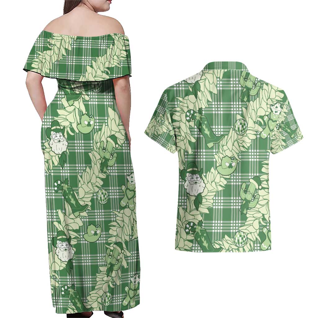 Green Palaka Hawaii Cowboy Christmas Couples Matching Off Shoulder Maxi Dress and Hawaiian Shirt Paniolo Mix Maile Lei - Polynesian Pride