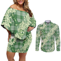 Green Palaka Hawaii Cowboy Christmas Couples Matching Off Shoulder Short Dress and Long Sleeve Button Shirt Paniolo Mix Maile Lei - Polynesian Pride
