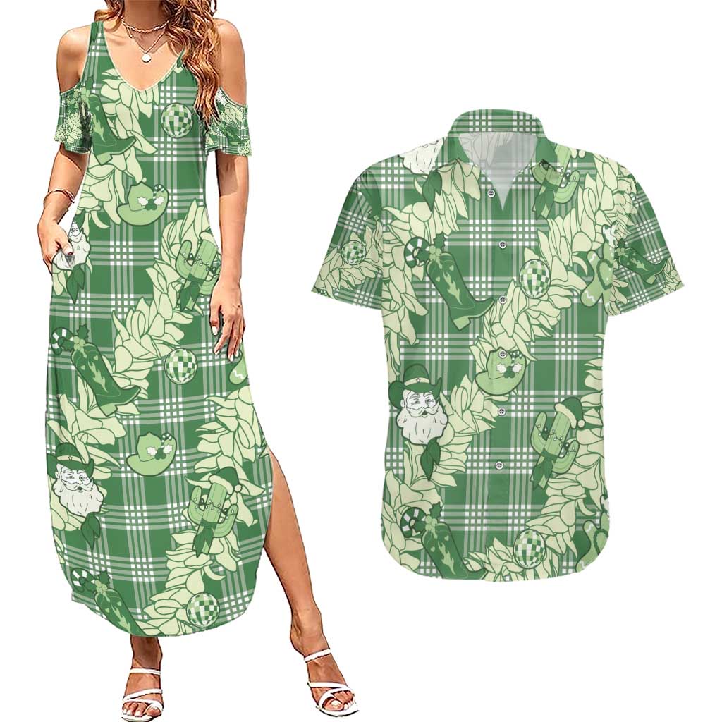 Green Palaka Hawaii Cowboy Christmas Couples Matching Summer Maxi Dress and Hawaiian Shirt Paniolo Mix Maile Lei - Polynesian Pride