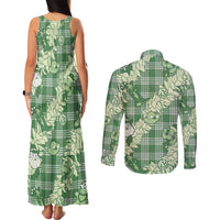Green Palaka Hawaii Cowboy Christmas Couples Matching Tank Maxi Dress and Long Sleeve Button Shirt Paniolo Mix Maile Lei - Polynesian Pride