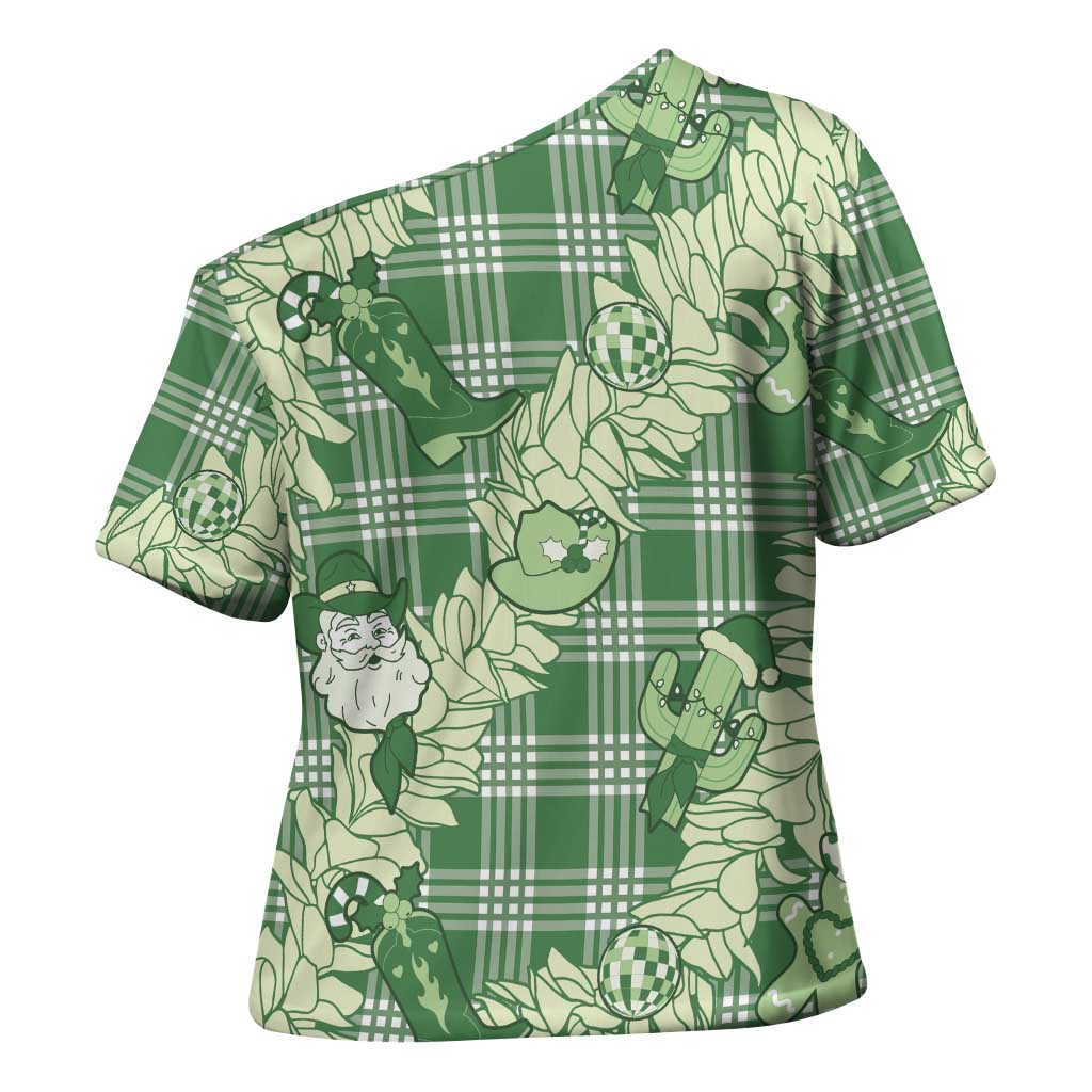 Green Palaka Hawaii Cowboy Christmas Cross Shoulder Shirt Paniolo Mix Maile Lei - Polynesian Pride