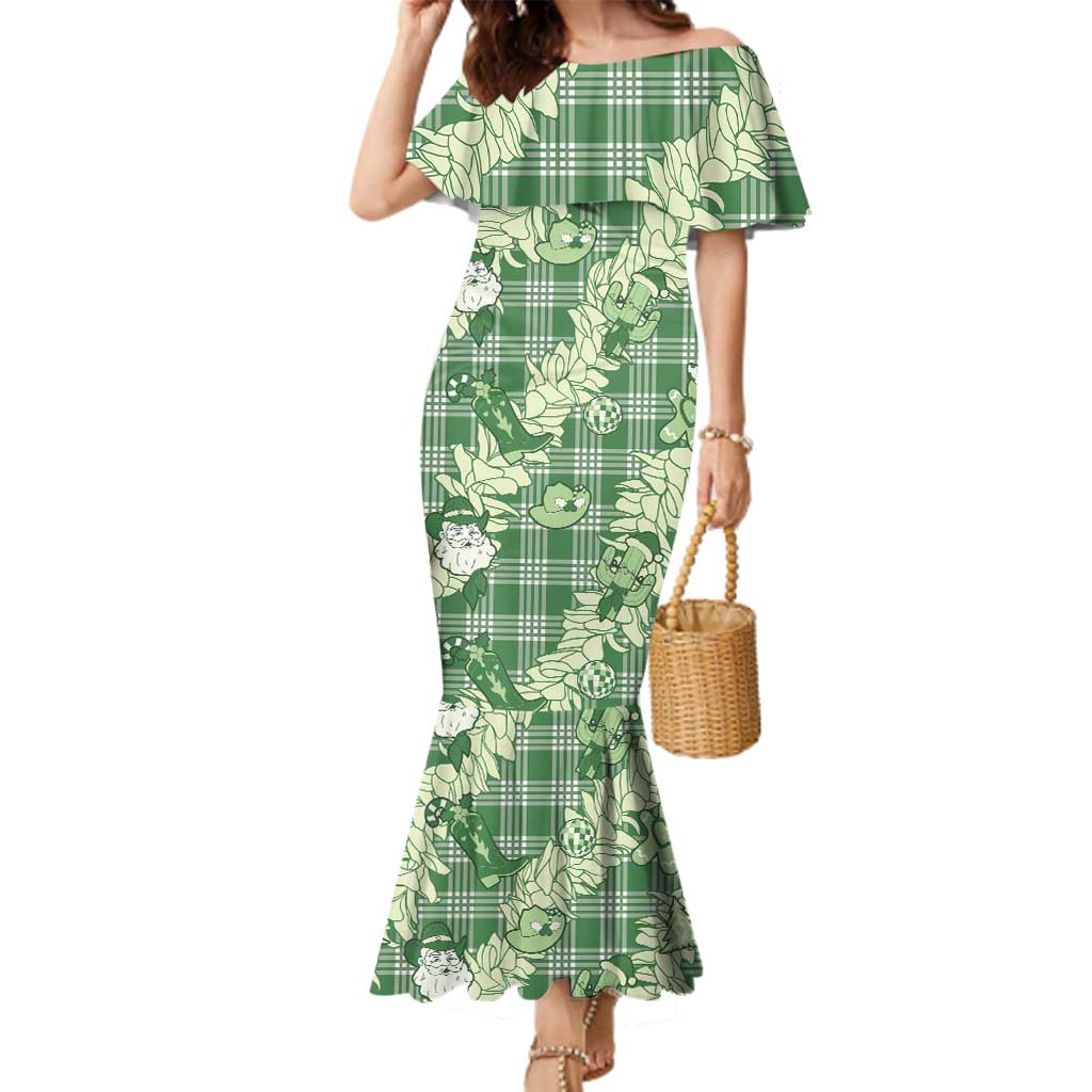 Green Palaka Hawaii Cowboy Christmas Family Matching Mermaid Dress and Hawaiian Shirt Paniolo Mix Maile Lei - Polynesian Pride