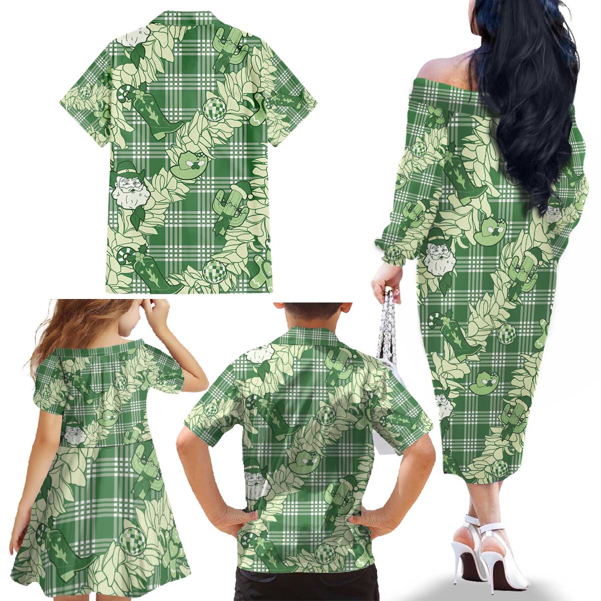 Green Palaka Hawaii Cowboy Christmas Family Matching Off The Shoulder Long Sleeve Dress and Hawaiian Shirt Paniolo Mix Maile Lei - Polynesian Pride