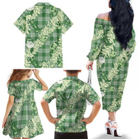 Green Palaka Hawaii Cowboy Christmas Family Matching Off The Shoulder Long Sleeve Dress and Hawaiian Shirt Paniolo Mix Maile Lei - Polynesian Pride