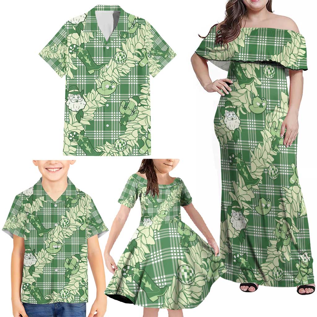 Green Palaka Hawaii Cowboy Christmas Family Matching Off Shoulder Maxi Dress and Hawaiian Shirt Paniolo Mix Maile Lei - Polynesian Pride