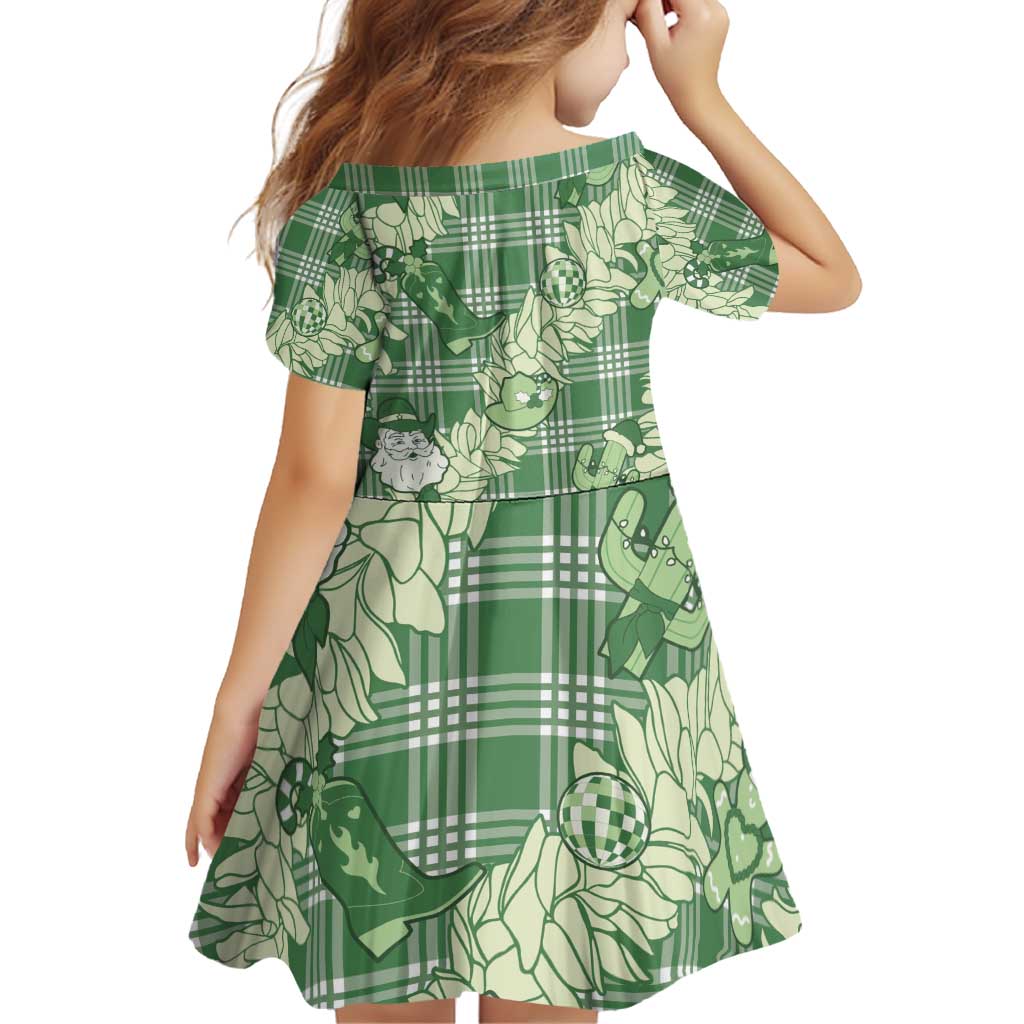 Green Palaka Hawaii Cowboy Christmas Family Matching Off Shoulder Short Dress and Hawaiian Shirt Paniolo Mix Maile Lei - Polynesian Pride