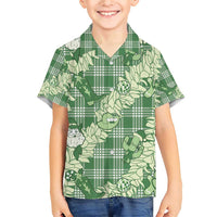 Green Palaka Hawaii Cowboy Christmas Family Matching Short Sleeve Bodycon Dress and Hawaiian Shirt Paniolo Mix Maile Lei - Polynesian Pride