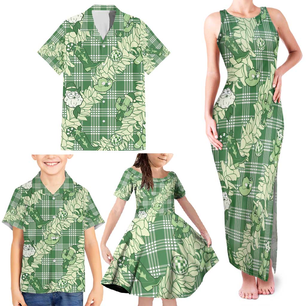 Green Palaka Hawaii Cowboy Christmas Family Matching Tank Maxi Dress and Hawaiian Shirt Paniolo Mix Maile Lei - Polynesian Pride
