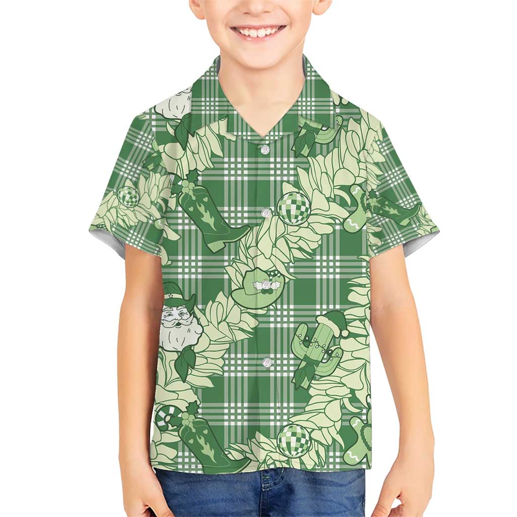 Green Palaka Hawaii Cowboy Christmas Kid Hawaiian Shirt Paniolo Mix Maile Lei - Polynesian Pride