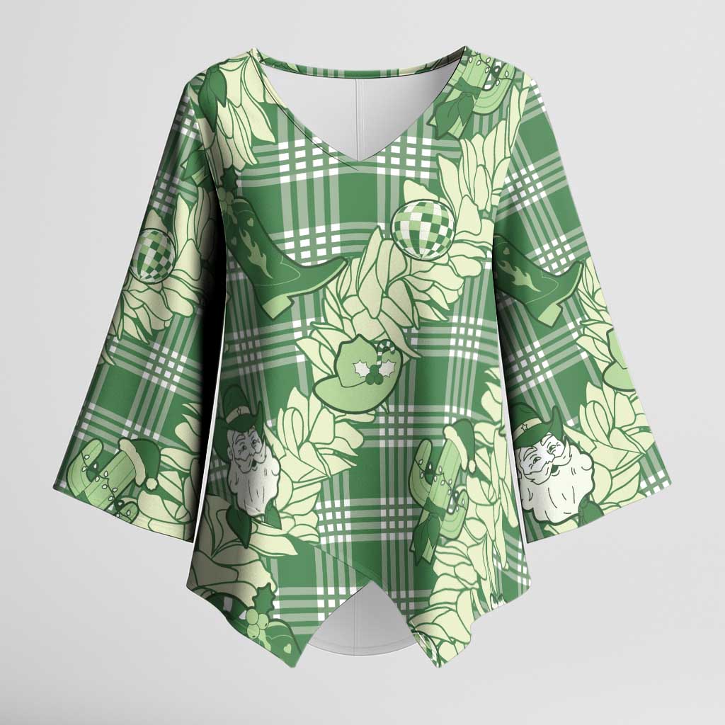 Green Palaka Hawaii Cowboy Christmas Kimono Sleeve Blouse Paniolo Mix Maile Lei - Polynesian Pride