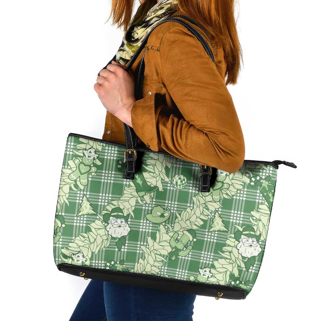 Green Palaka Hawaii Cowboy Christmas Leather Tote Bag Paniolo Mix Maile Lei - Polynesian Pride