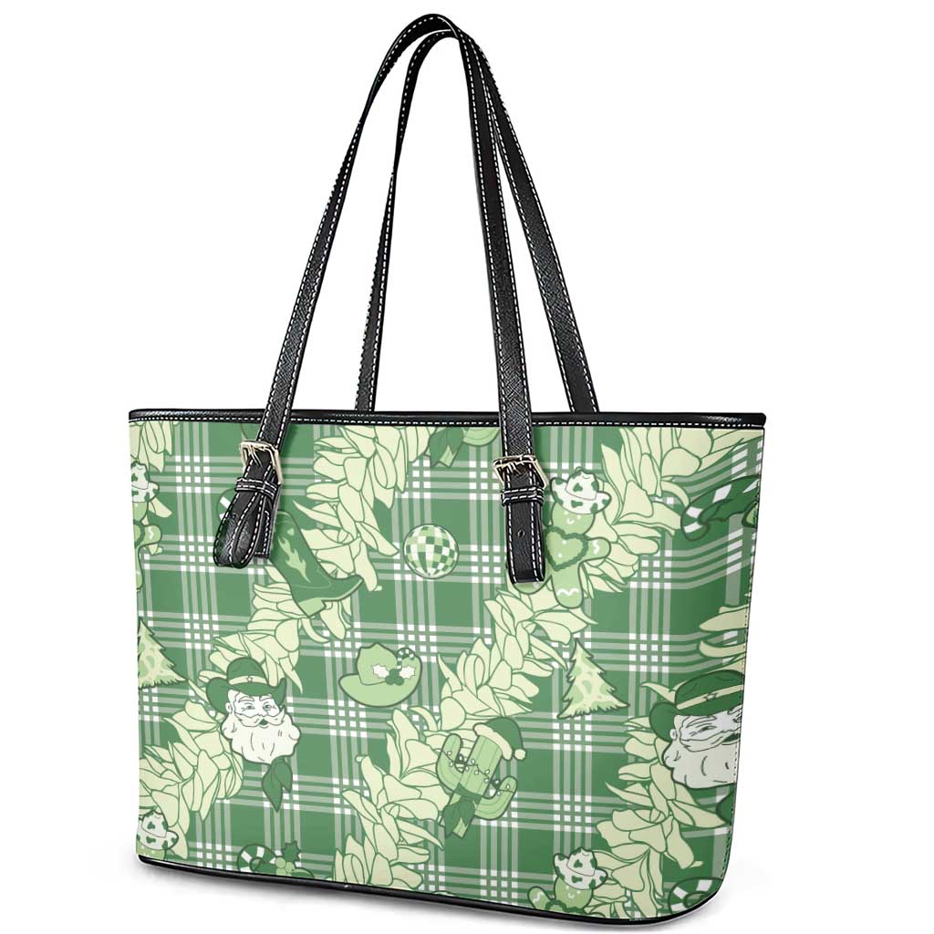 Green Palaka Hawaii Cowboy Christmas Leather Tote Bag Paniolo Mix Maile Lei - Polynesian Pride