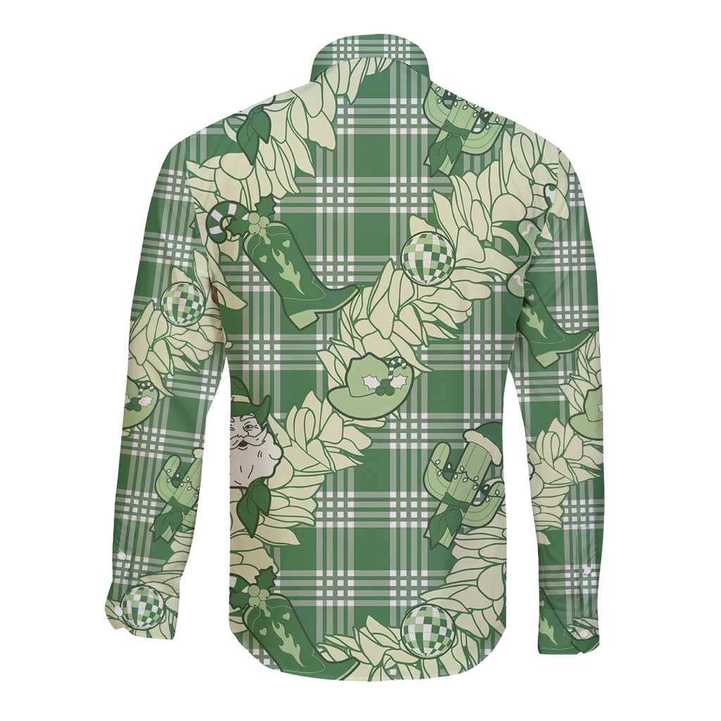 Green Palaka Hawaii Cowboy Christmas Long Sleeve Button Shirt Paniolo Mix Maile Lei - Polynesian Pride