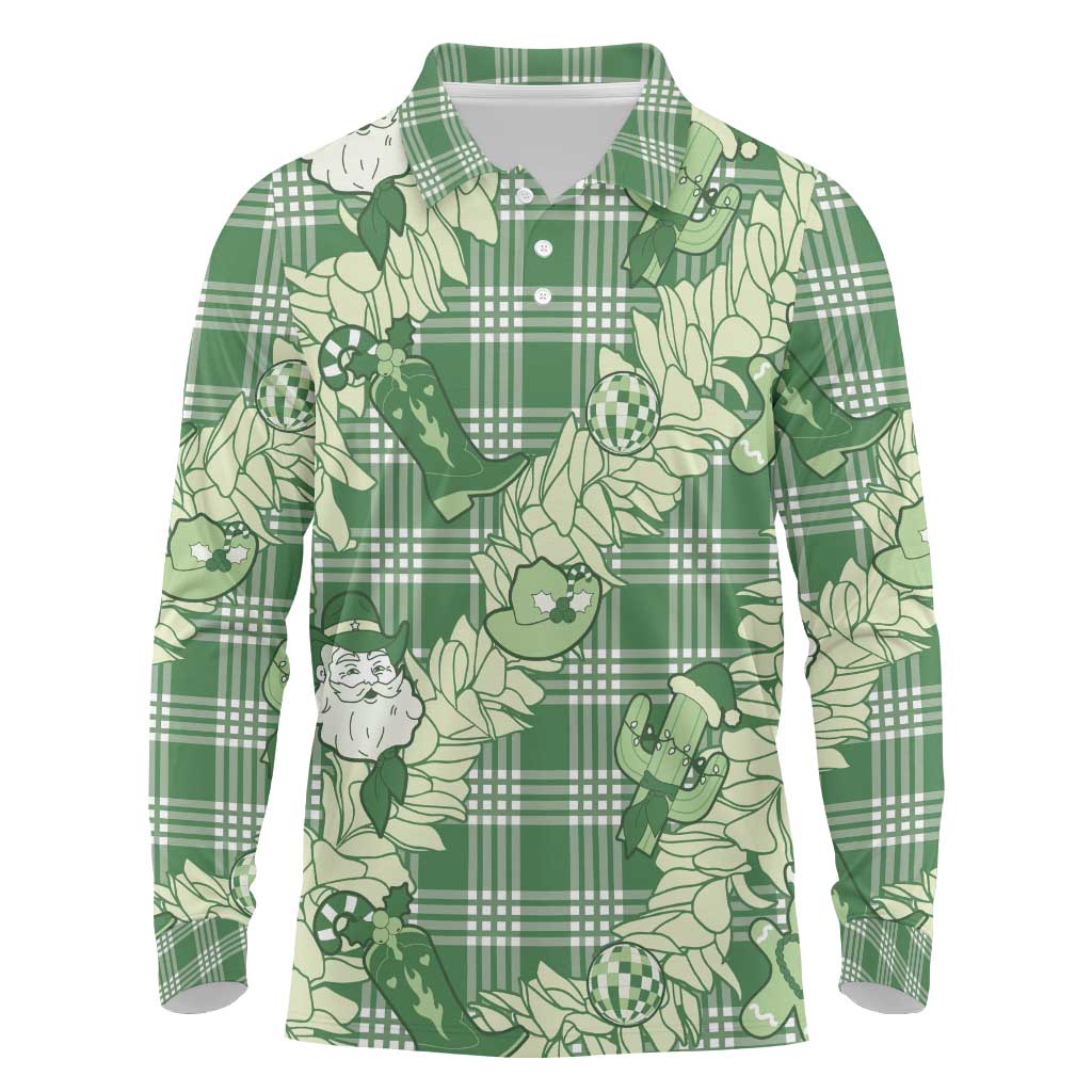 Green Palaka Hawaii Cowboy Christmas Long Sleeve Polo Shirt Paniolo Mix Maile Lei - Polynesian Pride