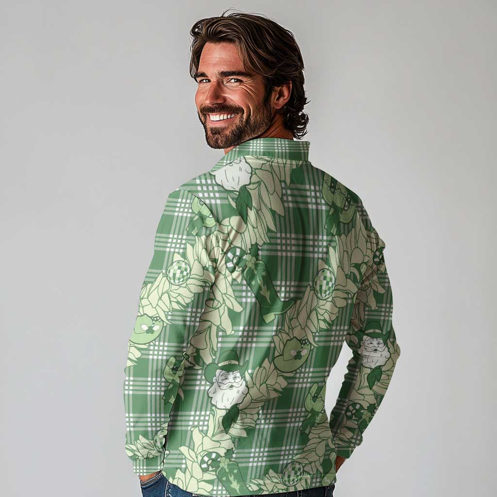 Green Palaka Hawaii Cowboy Christmas Long Sleeve Polo Shirt Paniolo Mix Maile Lei - Polynesian Pride