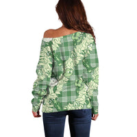 Green Palaka Hawaii Cowboy Christmas Off Shoulder Sweater Paniolo Mix Maile Lei - Polynesian Pride