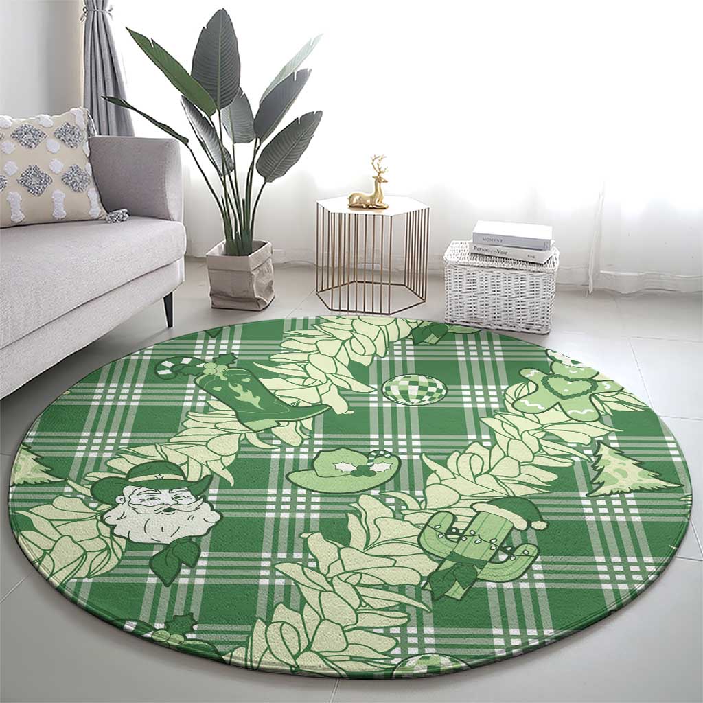 Green Palaka Hawaii Cowboy Christmas Round Carpet Paniolo Mix Maile Lei - Polynesian Pride