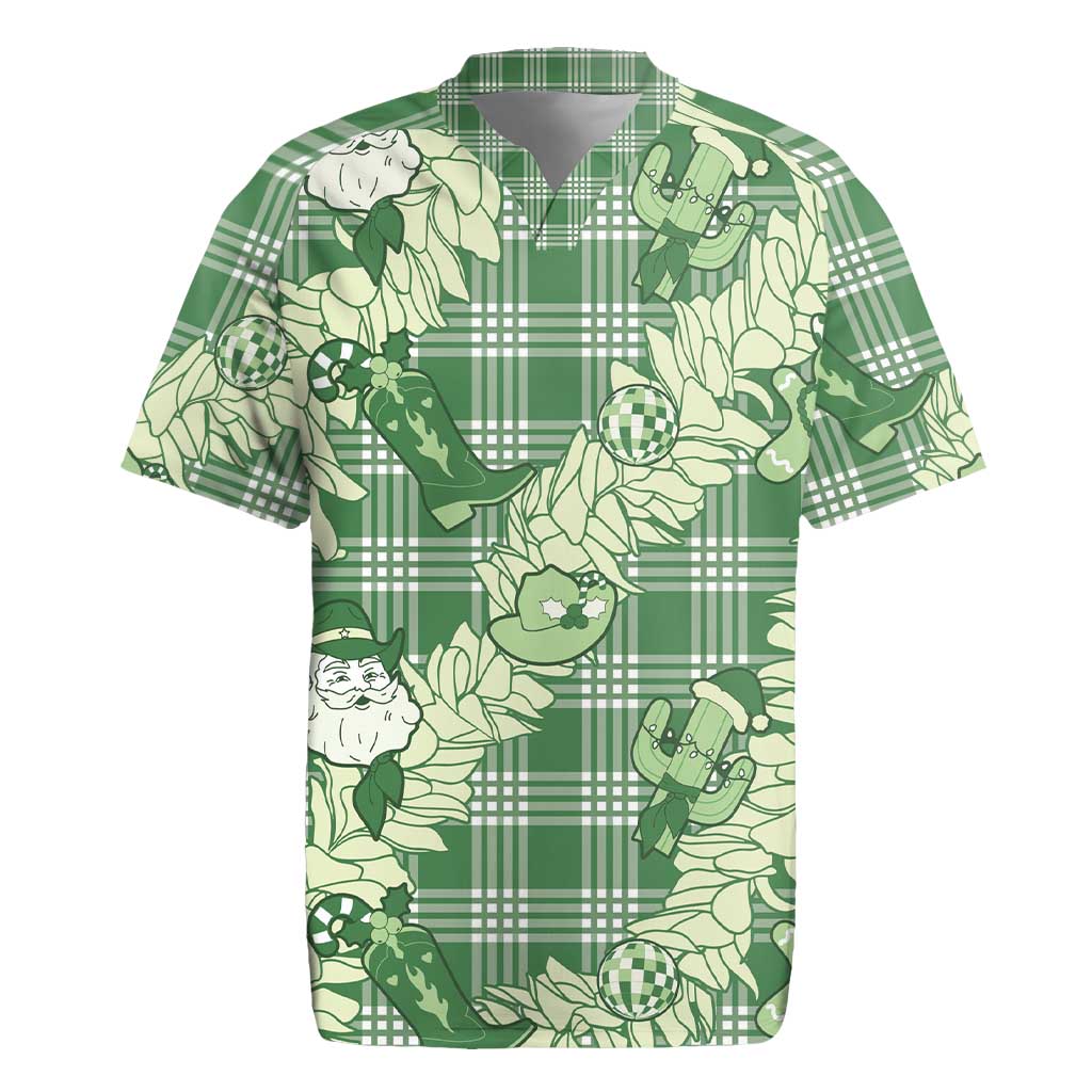 Green Palaka Hawaii Cowboy Christmas Rugby Jersey Paniolo Mix Maile Lei - Polynesian Pride