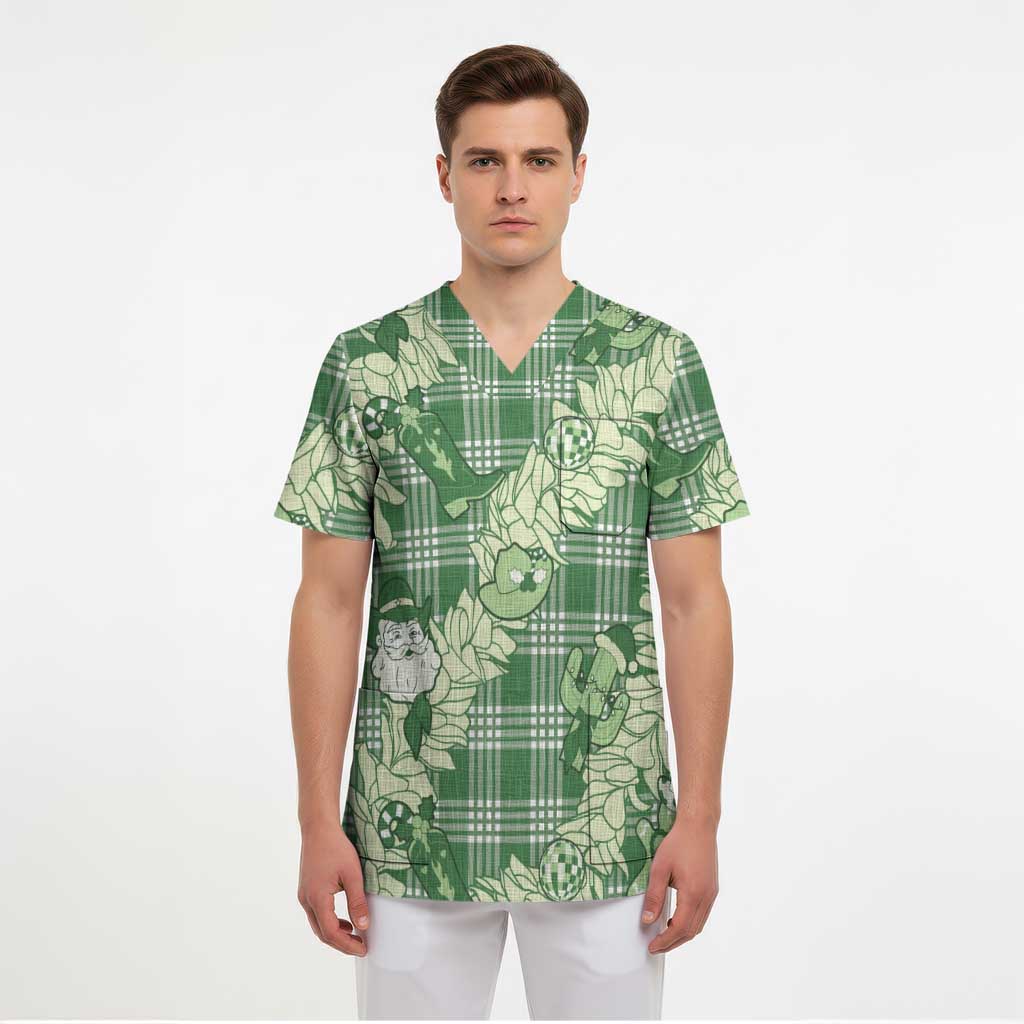 Green Palaka Hawaii Cowboy Christmas Scrub Top Paniolo Mix Maile Lei - Polynesian Pride