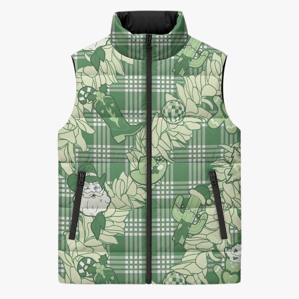 Green Palaka Hawaii Cowboy Christmas Sleeveless Puffer Jacket Paniolo Mix Maile Lei - Polynesian Pride