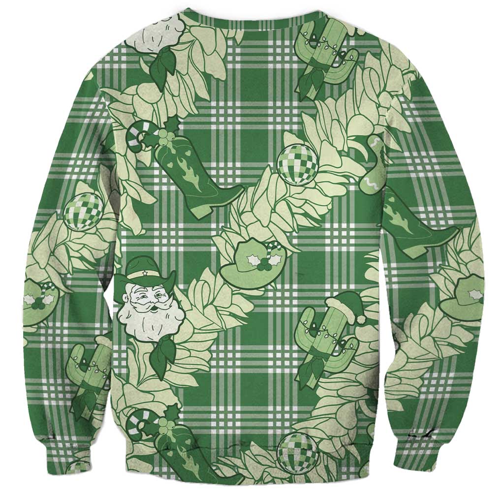 Green Palaka Hawaii Cowboy Christmas Sweatshirt Paniolo Mix Maile Lei - Polynesian Pride