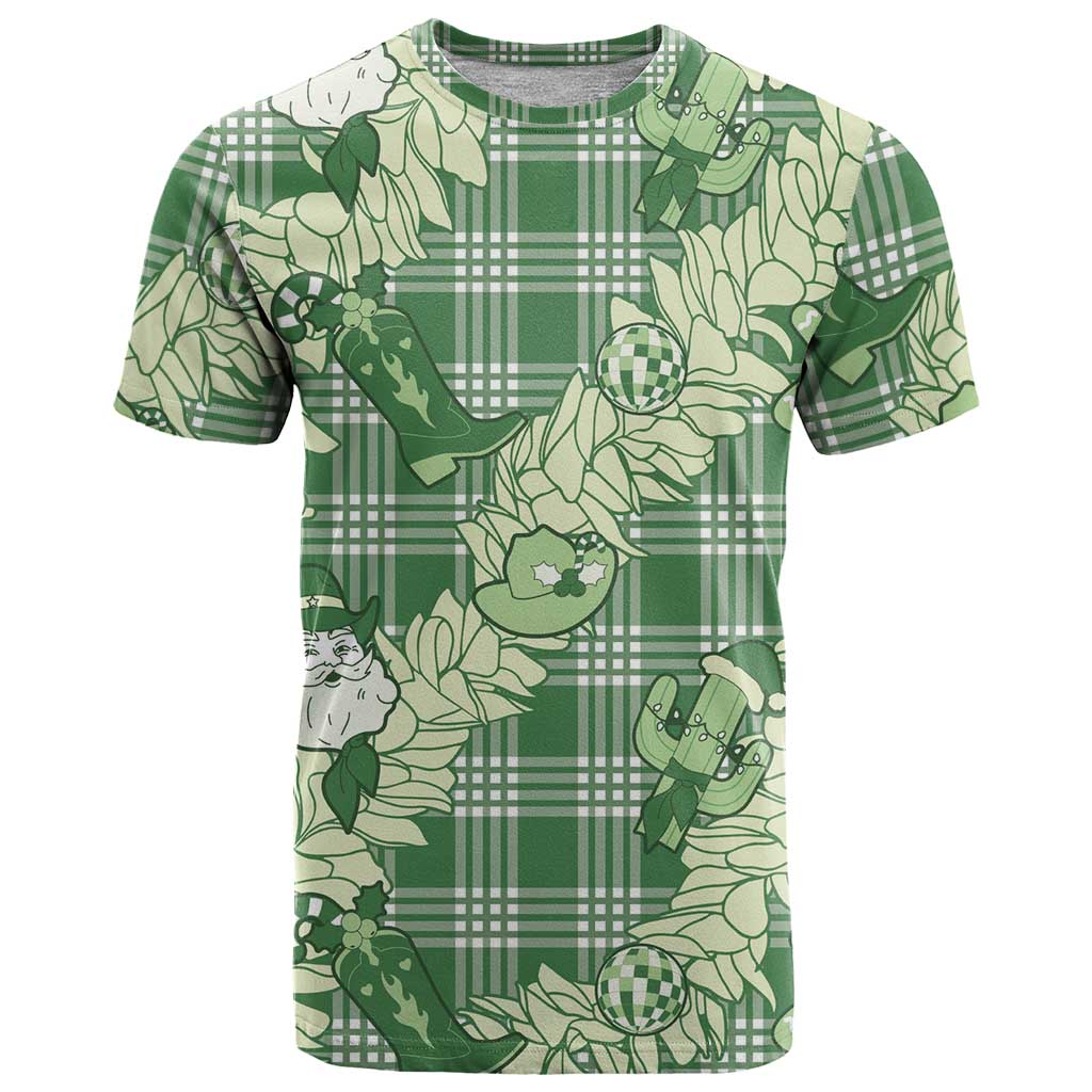 Green Palaka Hawaii Cowboy Christmas T Shirt Paniolo Mix Maile Lei - Polynesian Pride