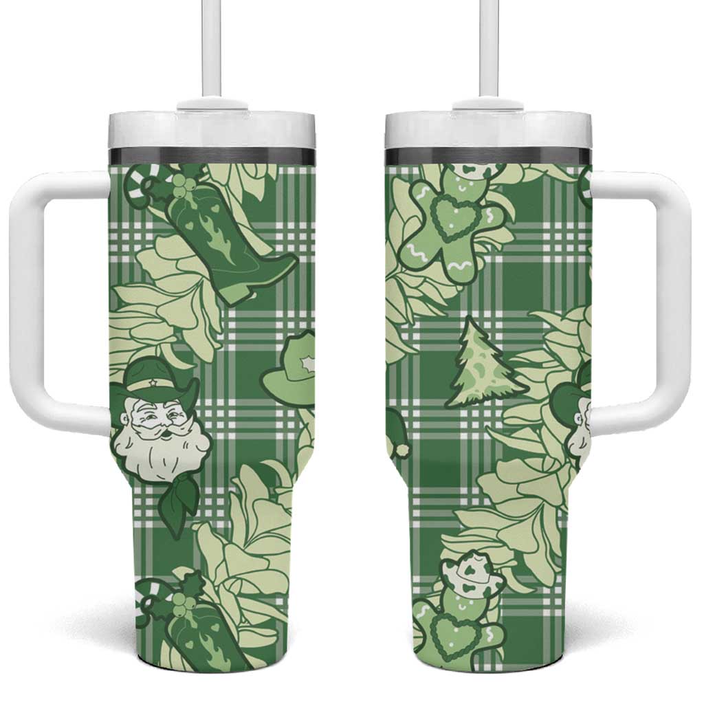 Green Palaka Hawaii Cowboy Christmas Tumbler With Handle Paniolo Mix Maile Lei - Polynesian Pride