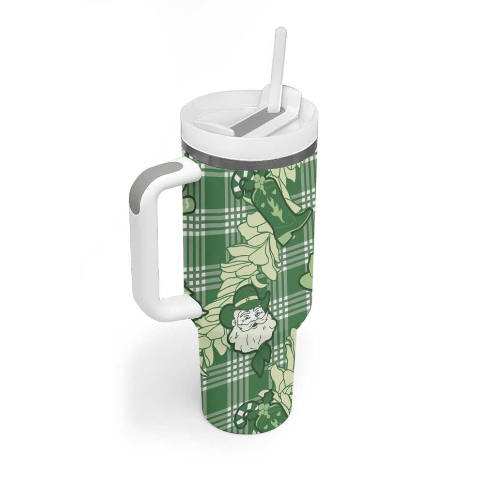 Green Palaka Hawaii Cowboy Christmas Tumbler With Handle Paniolo Mix Maile Lei - Polynesian Pride