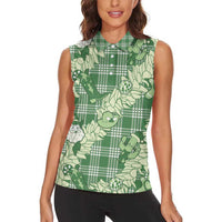 Green Palaka Hawaii Cowboy Christmas Women Sleeveless Polo Shirt Paniolo Mix Maile Lei - Polynesian Pride
