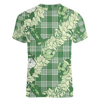 Green Palaka Hawaii Cowboy Christmas Women V-Neck T-Shirt Paniolo Mix Maile Lei - Polynesian Pride
