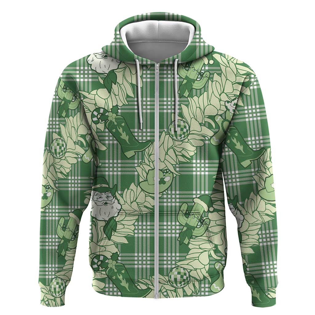 Green Palaka Hawaii Cowboy Christmas Zip Hoodie Paniolo Mix Maile Lei - Polynesian Pride
