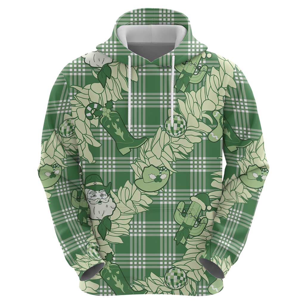Green Palaka Hawaii Cowboy Christmas Zip Hoodie Paniolo Mix Maile Lei - Polynesian Pride