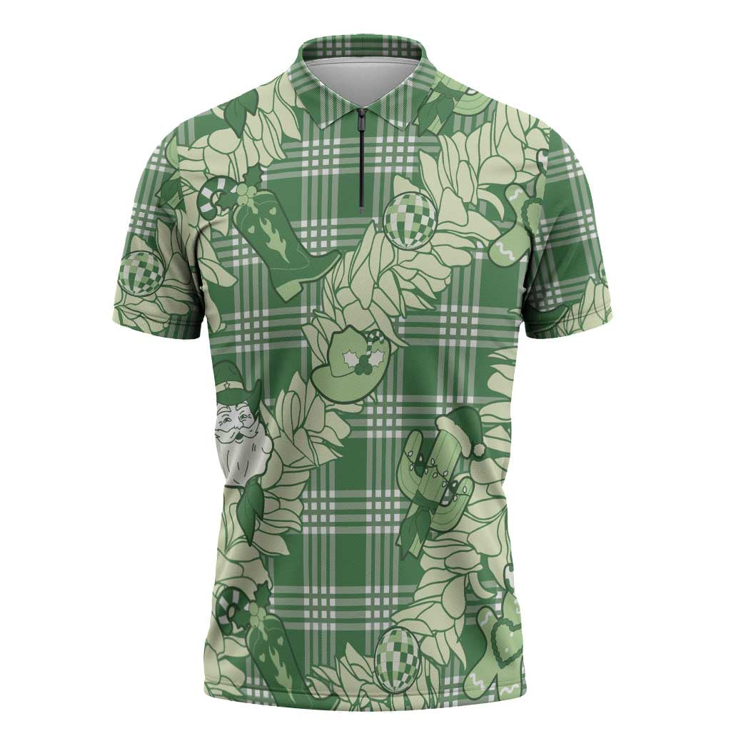 Green Palaka Hawaii Cowboy Christmas Zipper Polo Shirt Paniolo Mix Maile Lei - Polynesian Pride