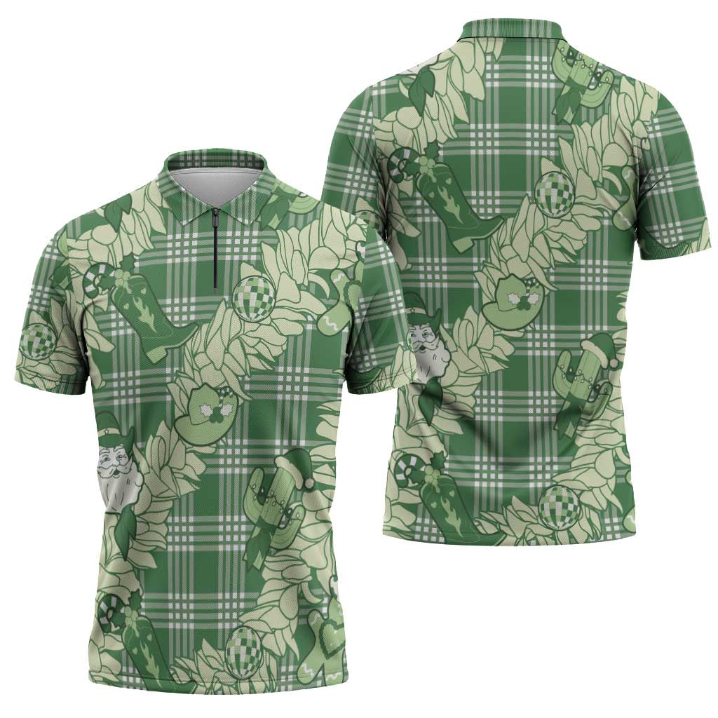 Green Palaka Hawaii Cowboy Christmas Zipper Polo Shirt Paniolo Mix Maile Lei - Polynesian Pride