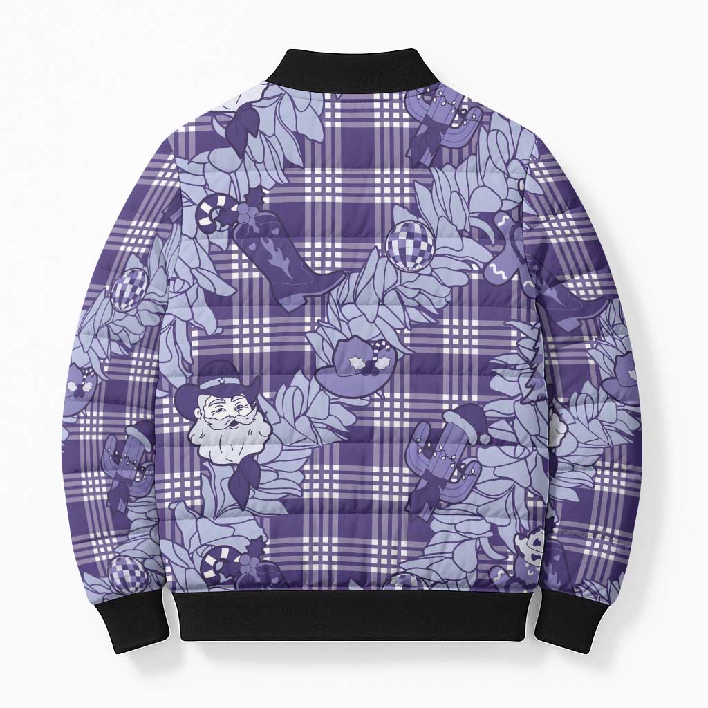 Purple Palaka Hawaii Cowboy Christmas Bomber Puffer Jacket Paniolo Mix Maile Lei - Polynesian Pride