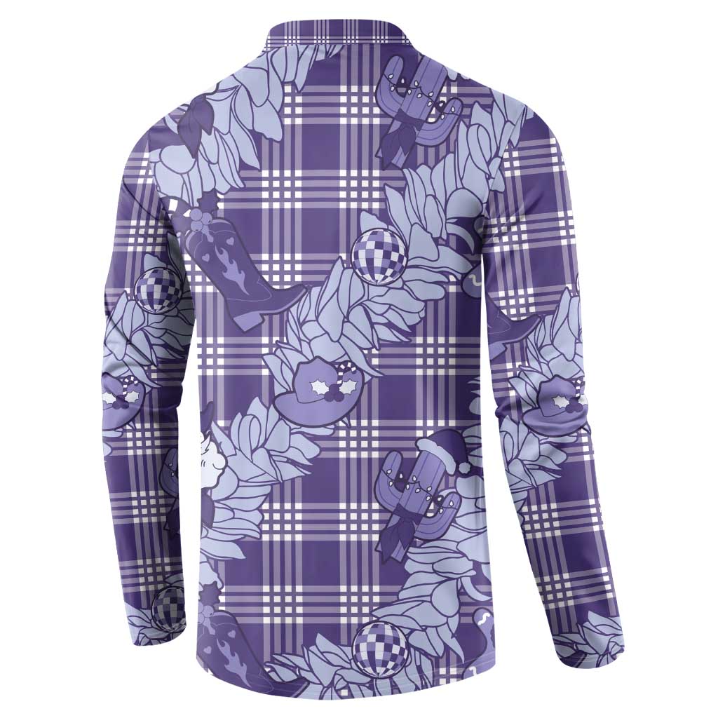 Purple Palaka Hawaii Cowboy Christmas Button Sweatshirt Paniolo Mix Maile Lei - Polynesian Pride