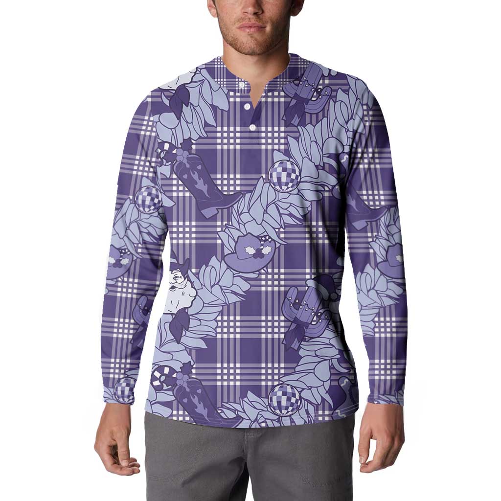 Purple Palaka Hawaii Cowboy Christmas Button Sweatshirt Paniolo Mix Maile Lei - Polynesian Pride