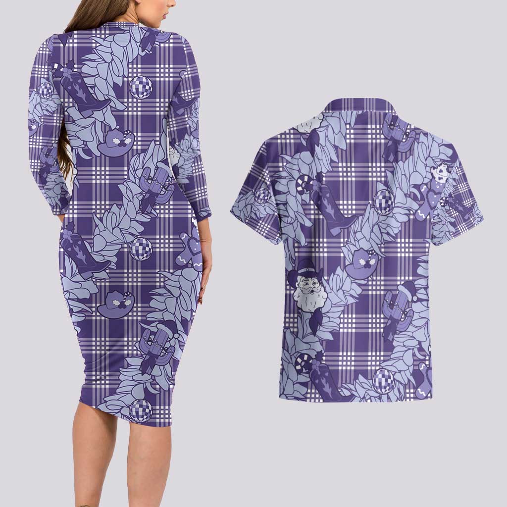 Purple Palaka Hawaii Cowboy Christmas Couples Matching Long Sleeve Bodycon Dress and Hawaiian Shirt Paniolo Mix Maile Lei - Polynesian Pride