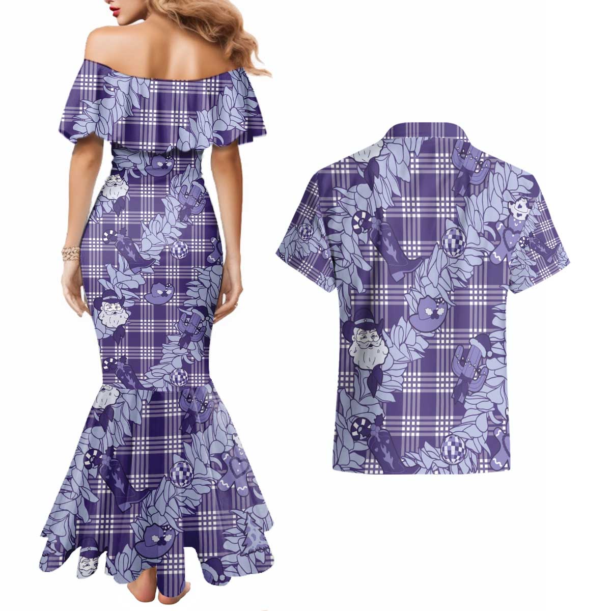 Purple Palaka Hawaii Cowboy Christmas Couples Matching Mermaid Dress and Hawaiian Shirt Paniolo Mix Maile Lei - Polynesian Pride