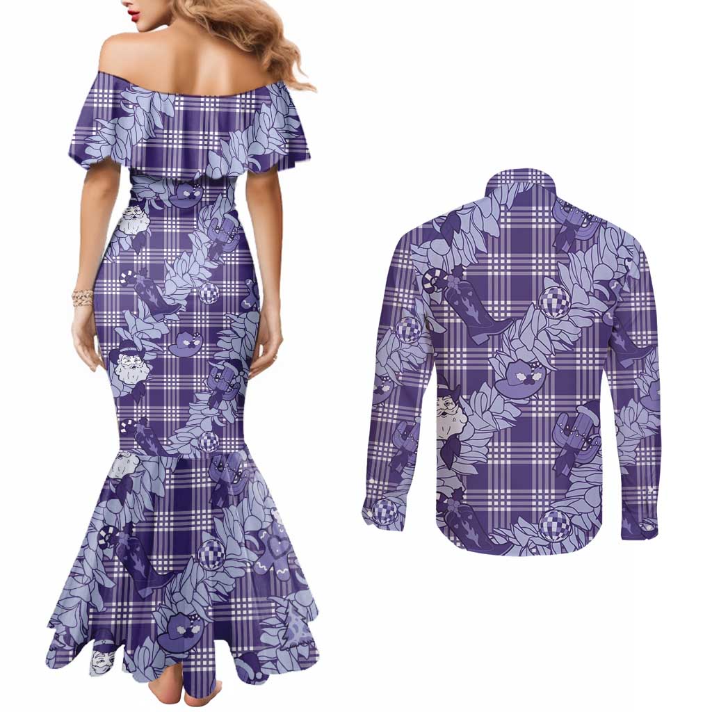 Purple Palaka Hawaii Cowboy Christmas Couples Matching Mermaid Dress and Long Sleeve Button Shirt Paniolo Mix Maile Lei - Polynesian Pride