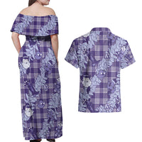 Purple Palaka Hawaii Cowboy Christmas Couples Matching Off Shoulder Maxi Dress and Hawaiian Shirt Paniolo Mix Maile Lei - Polynesian Pride