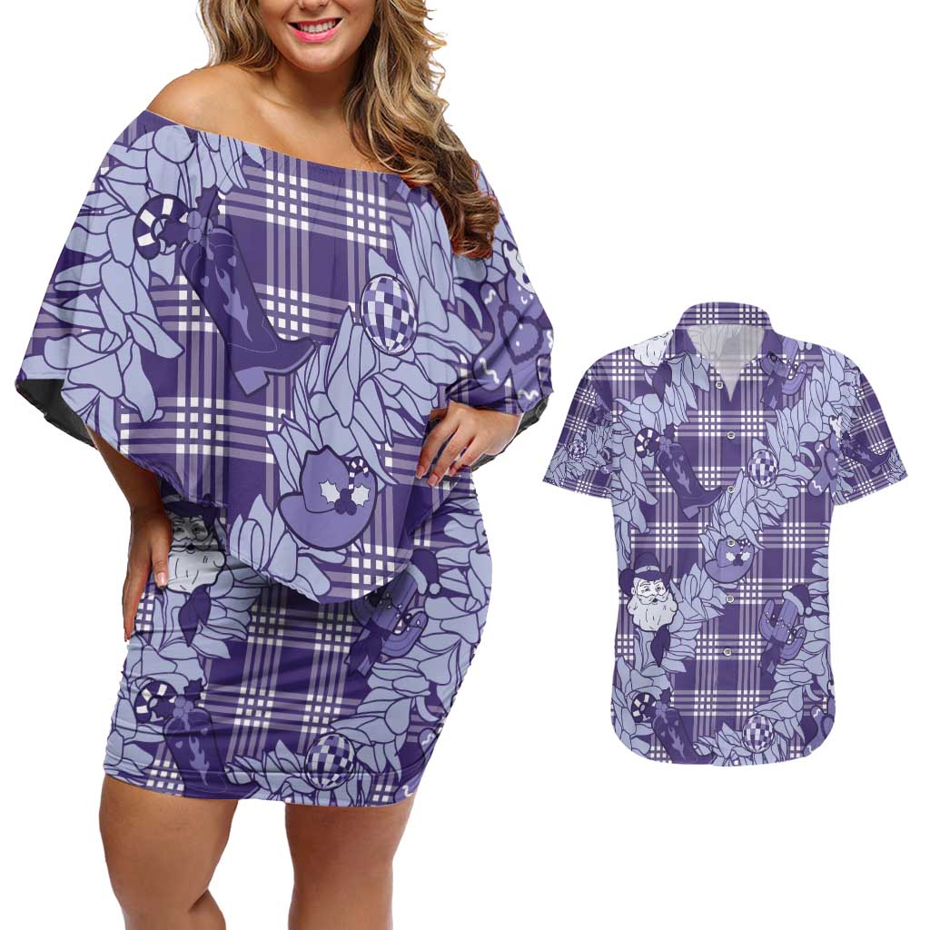 Purple Palaka Hawaii Cowboy Christmas Couples Matching Off Shoulder Short Dress and Hawaiian Shirt Paniolo Mix Maile Lei - Polynesian Pride
