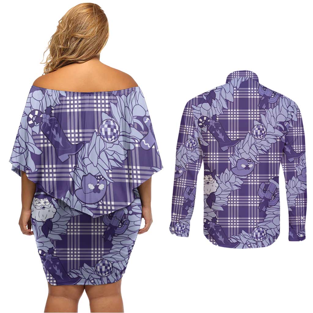 Purple Palaka Hawaii Cowboy Christmas Couples Matching Off Shoulder Short Dress and Long Sleeve Button Shirt Paniolo Mix Maile Lei - Polynesian Pride