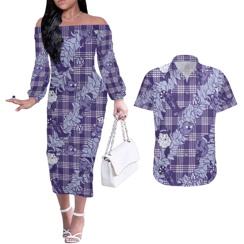 Purple Palaka Hawaii Cowboy Christmas Couples Matching Off The Shoulder Long Sleeve Dress and Hawaiian Shirt Paniolo Mix Maile Lei - Polynesian Pride