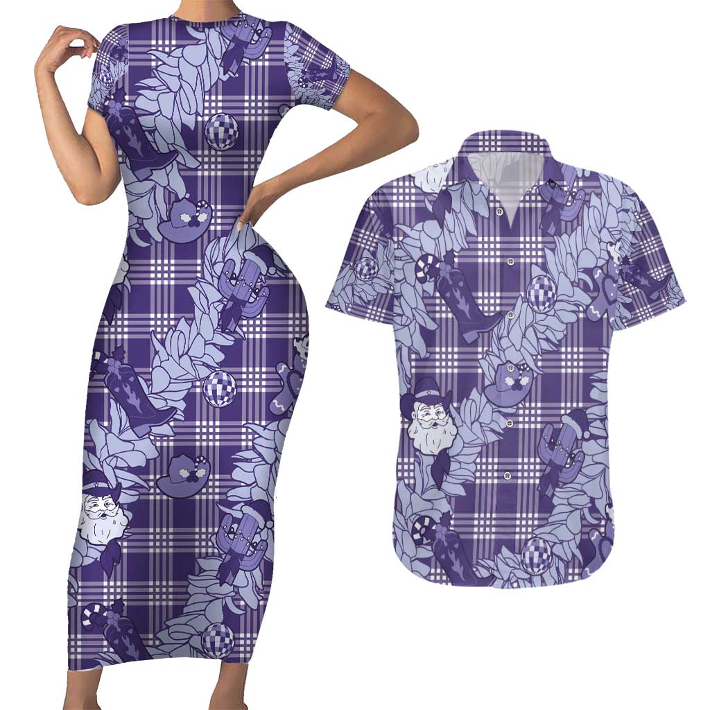 Purple Palaka Hawaii Cowboy Christmas Couples Matching Short Sleeve Bodycon Dress and Hawaiian Shirt Paniolo Mix Maile Lei - Polynesian Pride