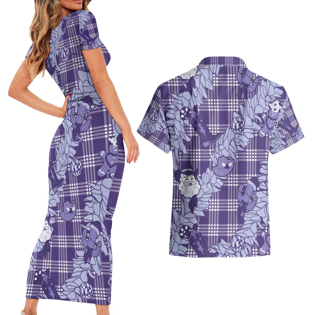 Purple Palaka Hawaii Cowboy Christmas Couples Matching Short Sleeve Bodycon Dress and Hawaiian Shirt Paniolo Mix Maile Lei - Polynesian Pride