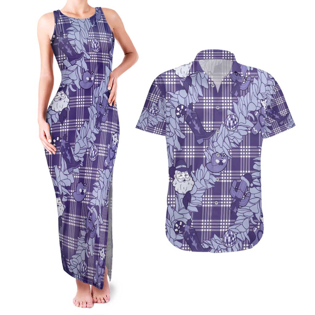 Purple Palaka Hawaii Cowboy Christmas Couples Matching Tank Maxi Dress and Hawaiian Shirt Paniolo Mix Maile Lei - Polynesian Pride